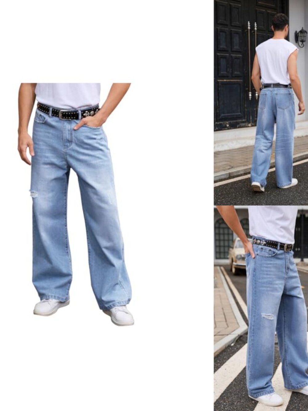 Men's Ripped Baggy Jeans Hip Hop Distressed Wide Leg Loose Fit